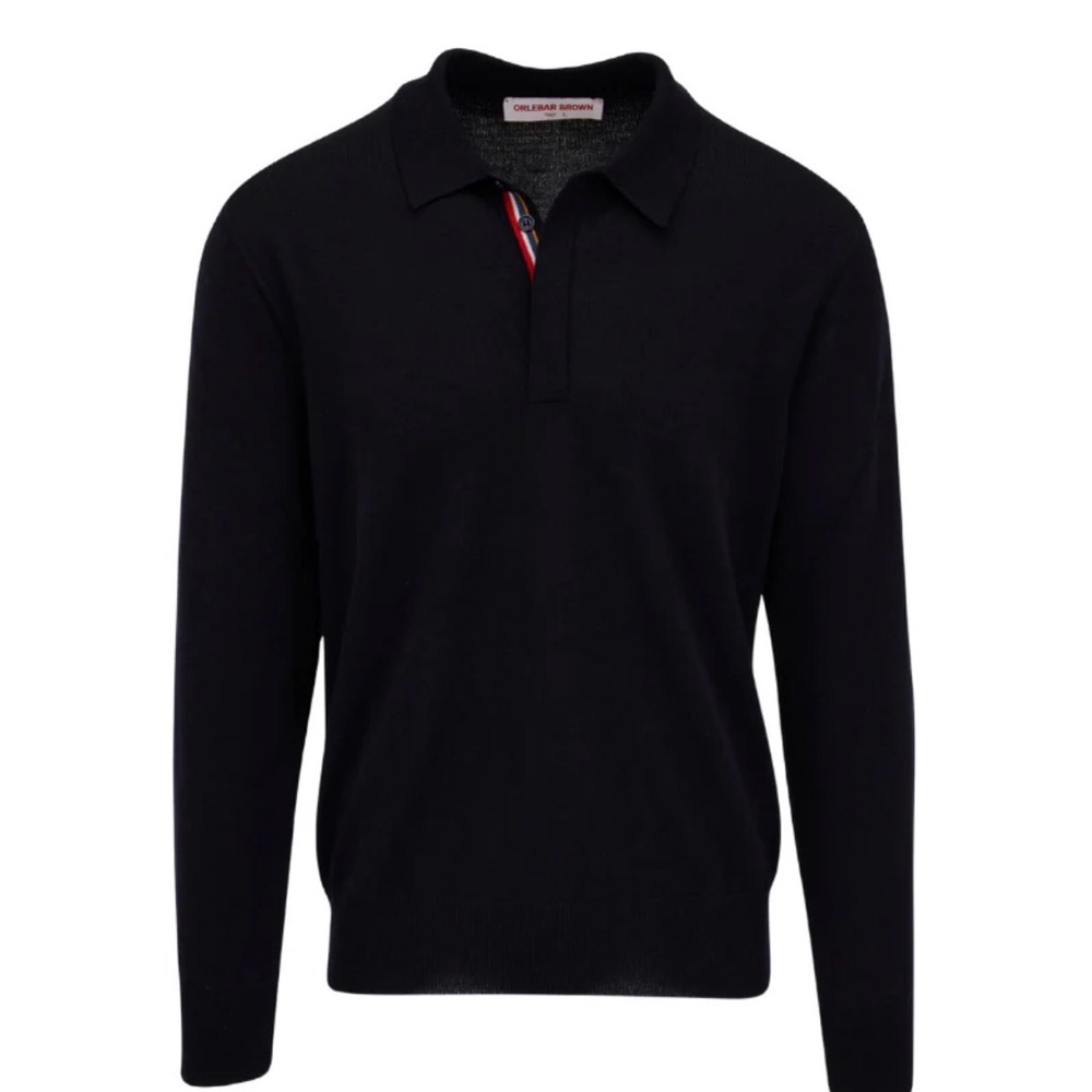NWT Orlebar Brown Navy Long-Sleeve Polo. Size XL, 100% Merino. Made in Italy.